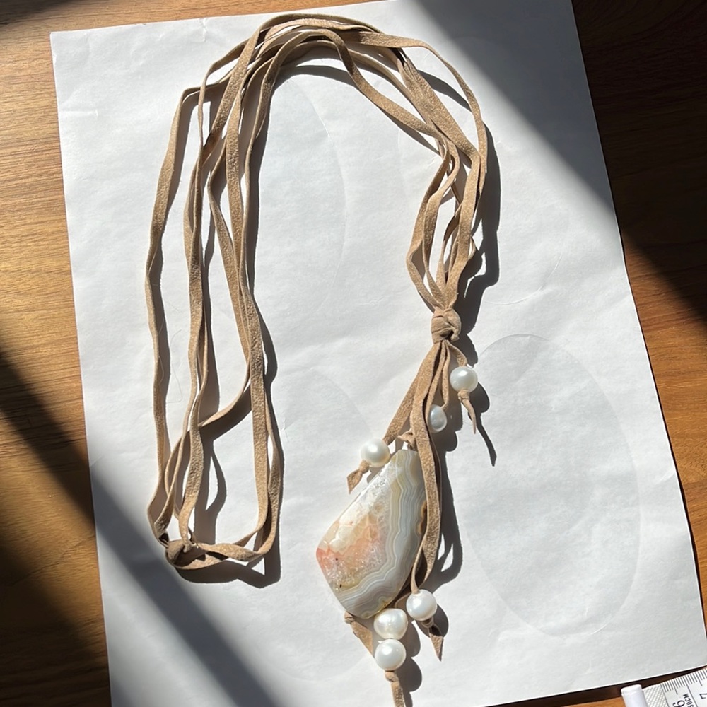 Pearls and geode on Vegan suede statement necklace